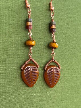 Earthy Burnt Orange Leaf Earrings, Boho Copper Dangle, Jasper Heishi Beads